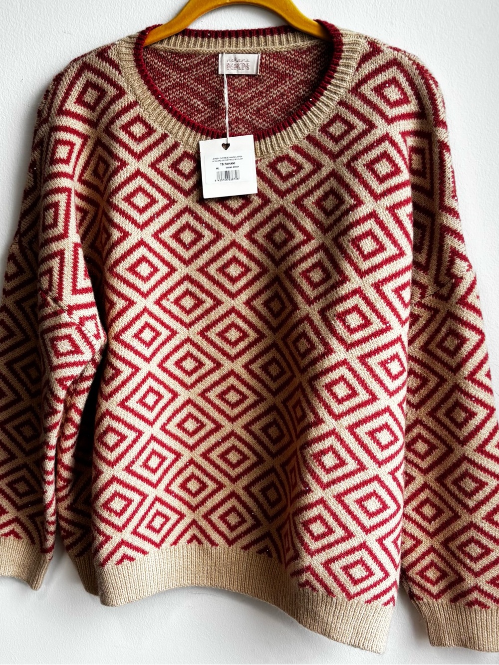 NKN Nekane Red Beige Geometric
Diamond Knit Sweater M/L NWT Sparkle
Boho